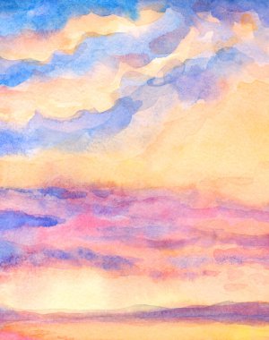 Hand drawn paint quiet calm beach shore fresh sun glare white light dawn heaven horizon view scene. Paper card text space retro sketch style design blue violet acryl color pond rain mount view picture