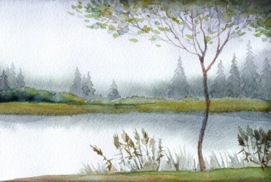 El çizimi açık renkli suluboya resim çizimi. Kağıt arkaplan arkaplan metni üzerine. Gri renk, sakin, kırsal çayır, sis dumanı, deniz manzarası. Çalılık bitkisi parkı. Haze White Creek Körfezi sahnesi