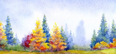 El çizimi suluboya resim beyaz kağıt desenli metin arkaplanı çizimi. Islak sis günü manzaralı bulutlu sis manzarası. Parlak kırmızı turuncu renk yabani tayga otlar kara akrilik Rusya manzarası