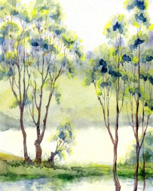 Parlak el çizimi suluboya ressamı temiz hava batımı sahnesi çiziyor. Kağıt arkaplan metin alanı. Açık yeşil renkli boya sanat eseri çalılık vadi çimenliği sakin bir günde dere kıyısı manzarası