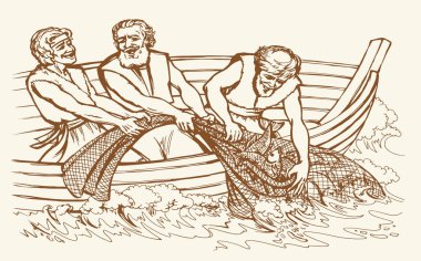 Vektör çizimi. Teknede üç adam var.