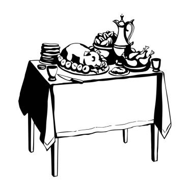 Vektör çizimi. Lezzetli ziyafet yemekleri