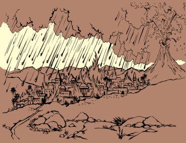 Vektör çizimi. Şehrin üzerindeki kentler üzerinde volkan patlıyor.