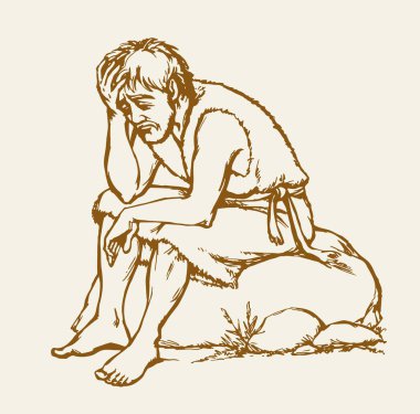 Vektör çizimi. Üzgün bir adam ve domuzlar