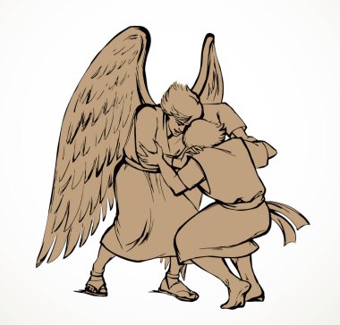 İki yahudi insan dua kolu yarışması kazanır. Dua et de ordu kahramanı beyaz gökyüzü mesaj uzayı kazansın. Koyu siyah çizgi çizilmiş Yahudi rakibi oyun kaslarına karşı gardiyan kavramı simgesi eski antik çağ eskizi sanat stili.