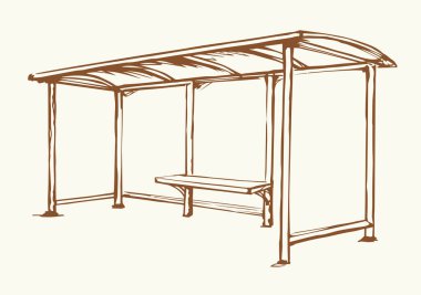 Steel suburb busstop promo ad brand render plastic roof cover canopy glass wall side view white sky text space. Black line hand drawn wait tram chair sign icon symbol modern doodle outline art style