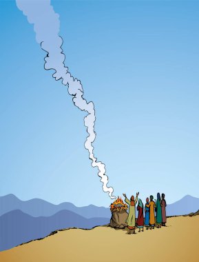 Kutsal İbrani tapınağı hikayesi, Yahudi erkek rahip karısı, oğlu keçi kanunu keçi tepesi arazi beyaz bulut manzarası sahnesi. El çizimi sanat eskizi eski Pagan kabilesinin günah tarikatı simgesi.