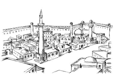 İncil 'in ortalarından Yahudi kırsalından Afrika kırsal kesiminden Mısır kırsalından Fort Fort Hill Vadisi' nden gökyüzü manzarasına İran 'dan el çizimi Irak' tan Türkiye 'den İran' a, İran 'dan Türkiye' den kare kule seyahat çizim hattı İncil 'deki sanat vektörü
