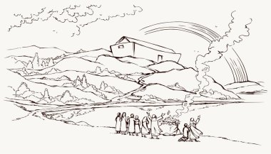 Kutsal insan ailesi erkek çocuğu, taş okyanusu, kuru kayalık tepe tarlası, beyaz gökyüzü, duman bulutu manzarası. El çizimi sanat eskizi. Çizgi film işareti. Hayat kurtarır.