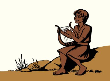 Genç Yahudi hobi erkek çocuk, parmak akoru, Lira Lute notası, dua et de eski moda robot resim çizimi tarzında çizilsin. İsrailli Lord Musevi kız halk sanatları sanatçısı Kral Saul beyaz gökyüzü