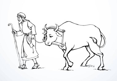 İncil 'deki Retro Arap sanat eseri çizimi. Yahudi adamın getirdiği eskiz. Kutsal kurban ayinine gidip erkek hayvan eti besliyorlar. Doğu Asya İsrail sürü işgücü işi Tanrı Qurban Field Road Asya pazarı metin alanı