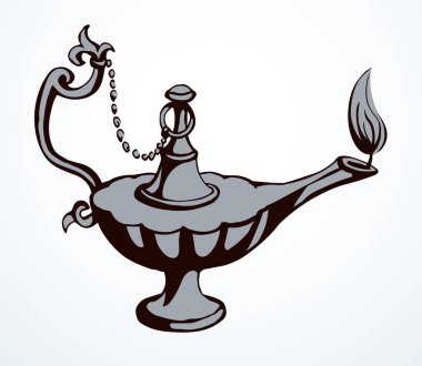 Yakın plan, beyaz masa boşluğunda eski, kilden yapılmış gazyağı kampı şişesi. Siyah mürekkep çizilmiş el, altın kutsal peri efsanesi sihirli alladin rüya, lütfen logo işareti, kutsal çizgi film stili.