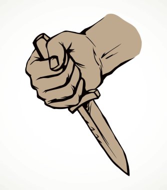 Yaşlı aşçı aşçı, büyük mutfak kesicisi. Hırsız soyguncuların saldırısına uğramakla tehdit ediyor. Polis logosu çizilmiş sanat metni alanı. Yakından bakınca korkunç umutsuzluk psikopat suistimal tehdit aşçı gerilim filmi