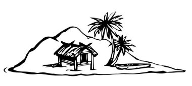 Eski yalnızlık turistik tatil beldesi deniz kumu çöl beyaz gökyüzü. Siyah el, 1 bali konsept logo simgesi tabela sahnesi çizdi. Retro sanat karalama çizgisi çizgi film baskı tarzı gezi manzarası