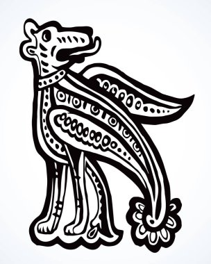 Fantezi halk memelisi beyaz kağıt desenli element. Taslak siyah renkli mürekkep, vahşi köpek kafası logosu amblemi çizilmiş. Klasik kapanış barbarlığı Galyalılar Alman ulusal sanatçı kitap aslanı etiketi