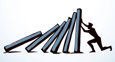 Yakından izole edilmiş yığın kırılma krizi çatışma güvenliği. Çizgi siyah çizim oyun ikonu işaret tablosu tasarımı beyaz sanat karikatür vektör tarzı. 1 erkek işçi liderini kapatın itin, itin, itin, düşmekten kurtarın.