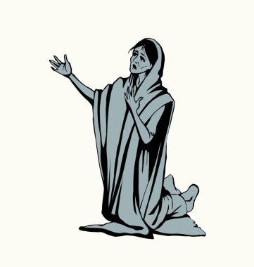 Antik kutsal duvak yalnız üzüntü yalnız diz çök yahudi sürtük Hagar bayan ağla yardım dile Yüce İsa kilisesine el işareti yalnız başına yaşa hasta Suudi Arabistan dulu İslami inanç sanat eskizi