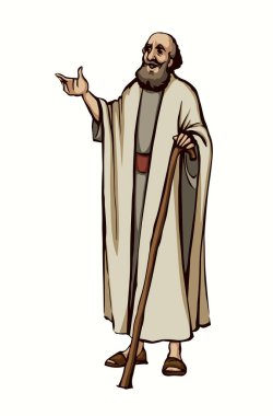 Kutsal Yahudi Tanrısı, bilge erkek haham rahibin ayağa kalktığına inanıyor. El çizimi siyah çizim eskiz eskiz orta Asya Suudi Arabistan etnik bornoz elbise kamış görünümlü beyaz gökyüzü metin alanı