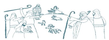 Vektör çizimi. Erkekler ahırda Mary 'i selamlıyor. 