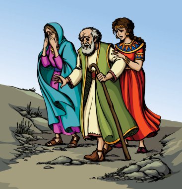 Vektör çizimi. Sodom 'dan kaçan çok kişi var