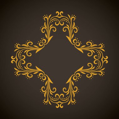 Koyu siyah kart arka planında izole edilmiş eski, sevimli, altın renkli, romantik kurdele yayı kıvrımlı, fiyonklu etiket. Daire altın çizgisi kıvırcık işaret simgesi logosu sanatsal kıvrımlı karalama stili