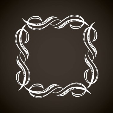 Eski sevimli romantik kitap kurdelesi kıvrımlı fiyonk etiketi siyah tahta arka planda izole edilmiş. Serbest beyaz tebeşirle çizilmiş kıvrımlı logo simgesi işaret dairesi artistik kıvrımlı karalama stili