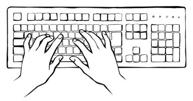 LCD Macbook tuş takımı beyaz masa arkaplanında. Siyah çizgi çizilmiş netbook. Sosyal Veri Anahtarı simgesi çizimi modern sanat karalama tarzında metin için ped boşluğunda. Üst görünümün üzerindeki avuç içi baskısını kapat