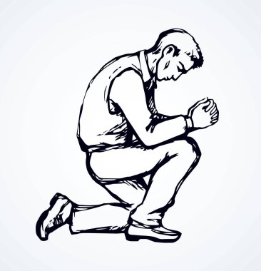 Beyaz arka planda günah depresif keder için yalvarma. Line Love Palm konsept logosunu övüyor. Siyah çizilmiş genç teşekkür et yalvararak kıvrıl beden parmağı eski sanat karikatür tarzında amblem