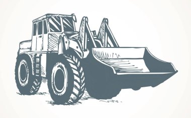 Çelik kazıma itme yük çekiş beyaz arka plan üzerinde izole büyük lastik otobüs lastik üzerinde. FreeHand mürekkep el simgesini işaret logo grafik stili ile metin için yer kum toprak arazi ocağı üzerinde çizilmiş