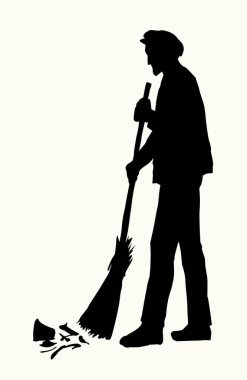 Erkek çocuk sopasını tutuyor. Evi temizliyor. Beyaz gökyüzü mesaj alanını temizliyor. Siyah mürekkep kalem kağıdı çizilmiş. Temizlikçi kız silinmiş. Toprak tozu logosu simgesi.