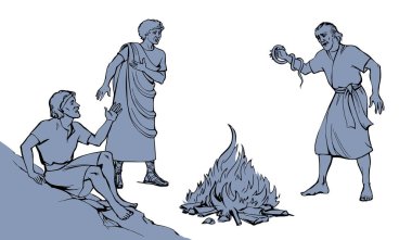 Yaşlı Yahudi namaz kılığına gir, Tanrı 'ya dua et ölü, vahşi, sürüngen dişleri öldür, kol kavgası yap, sıcak, beyaz, deniz kıyısındaki vahşi yaşam sahil kampında öl. İsrailli yahudi adam inanç hikayesi eskizini çizdi.