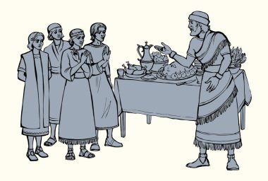 Vektör çizimi. Daniel ve arkadaşları kralın yemeğini reddediyor.