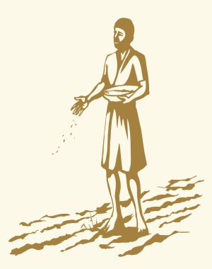 Vektör çizimi. Buğday eken bir adam.