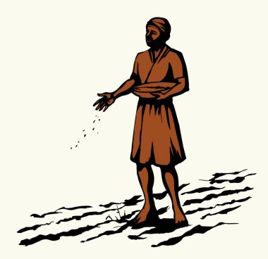 Vektör çizimi. Buğday eken bir adam.