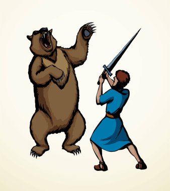 Vektör çizimi. Kızgın bir ayı adama saldırıyor.