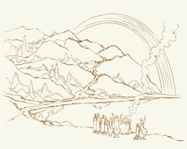 Vektör çizimi. Nuh, Tanrı 'ya kurban sunuyor.