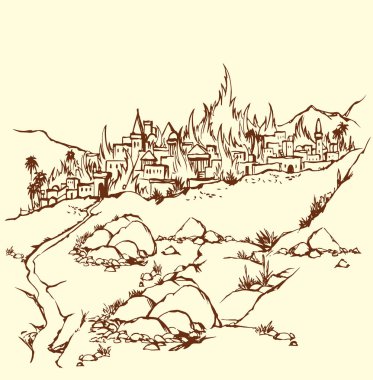 Vektör çizimi. Şehirde yangın var.