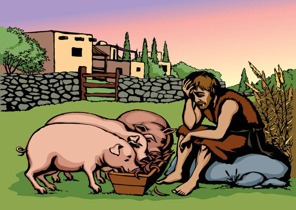 Vector drawing. A sad man and pigs