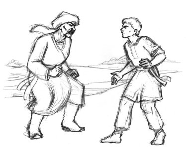 2 öfkeli doğulu çocuk kol rekabeti yarışması kadın kazanan yarışmacı savaş kahramanı. Çizgi çizilmiş rakip şövalye koruma giysi giysi oyun konseptine karşı eski İncil çağı sanat tarzı.