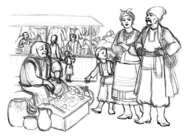 Retro festivali kızı perakende satış elemanı oyuncakları hediye malzemeleri mağazası sahnesinde çalışıyor. El yapımı Asya kasabası Asya çadır rafı...... erkek alıcı...... insan işçisi...... çaydanlık taze meyve tabağı...... sanatı stili gösteriyor.