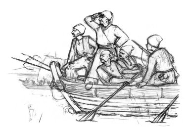 Geçen yüzyıl Norveç savaş tehlikesi kol fırtınası rüzgar dalgası kaşifi savaş gemisi kadırgasına yelken bezi beyaz gökyüzüne saldırdı. Kara çizgi, yelkenli yelkenliyi güverteye çekti Hetman kahraman karikatür çizimi