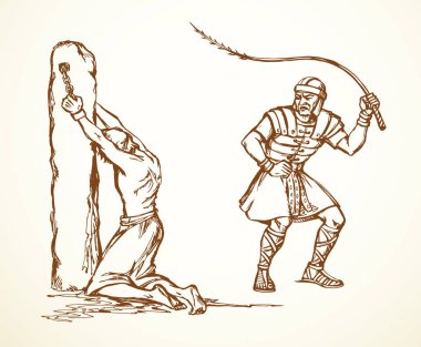 Vektör çizimi. Dövülmüş adam direğe bağlanmış.