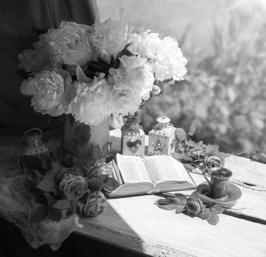 Grunge retro antique rustic lunch snack meal eat food break spring park cafe bar wood white board desk open page text. Happy sun light fresh red floral bloom bud petal rest relax biblic art still life