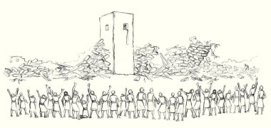 Retro past age Israeli century east nation male human Rahab scene. Black line hand drawn holy faith Jew Hebrew knight prayer Joshua shout trumpet break down pray god miracl sound stone ruin art sketch