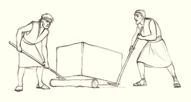 Geçmişe dönük Doğu Yahudi şehir kolları İncil 'deki tanrı hikâyesini oluşturuyor. El çizimi sanat eseri Yahudi Yahudi Musevi büyük bir sopa kargo işi rulo kütük kaldırma taş kaldırma, kale yıkım.