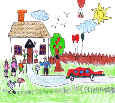 Neşelen, sevimli, küçük insan gülüşü anne ayakta oyuncak oyunu beyaz gökyüzü oynuyor. Renkli kalem boyası eğlence sanatçısı stili anne çimlerin keyfini çıkar park parkı çitlerin çatısı güneş ışığı şehrin eski okul rüyası