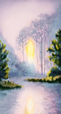 Eskiz, alacakaranlık sahnesi Islak kağıt arka plan metin alanı. El çizimi açık pembe, bulutlu, serin, sakin, sisli, yağmurlu, taze çimenler, çalı çalıları, dere kıyısı, sel kıyısı, deniz manzarası manzarası.