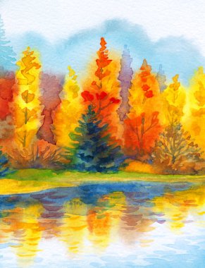 Canlı bir el çizimi akvaryum taze çimen güzellik sahnesi kağıt metin arkaplanı. Parlak kırmızı turuncu renkli boya çalılık sakin, serin hava günü. Manzaralı dere körfezi sahili kırsal arazi manzarası