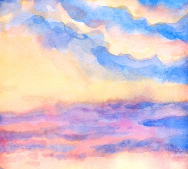 El çizimi kırmızı akryl boya sessiz taze yağmurlu gün doğumu beyaz ışık manzarası kağıt kart metin arka plan çizim tarzı parlak tasarım mavi eflatun menekşe renk yağmur manzarası