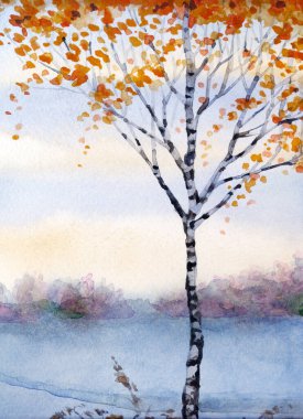 Renkli, canlı bir el, kağıttan arkaplan üzerine suluboya resimler çizmiş. Parlayan cennette mesaj alanı. Sakin, nazik kış şafağı pisti sahnesi. Buzlu ve sakin bozkırda genç huş ağacı tacı.